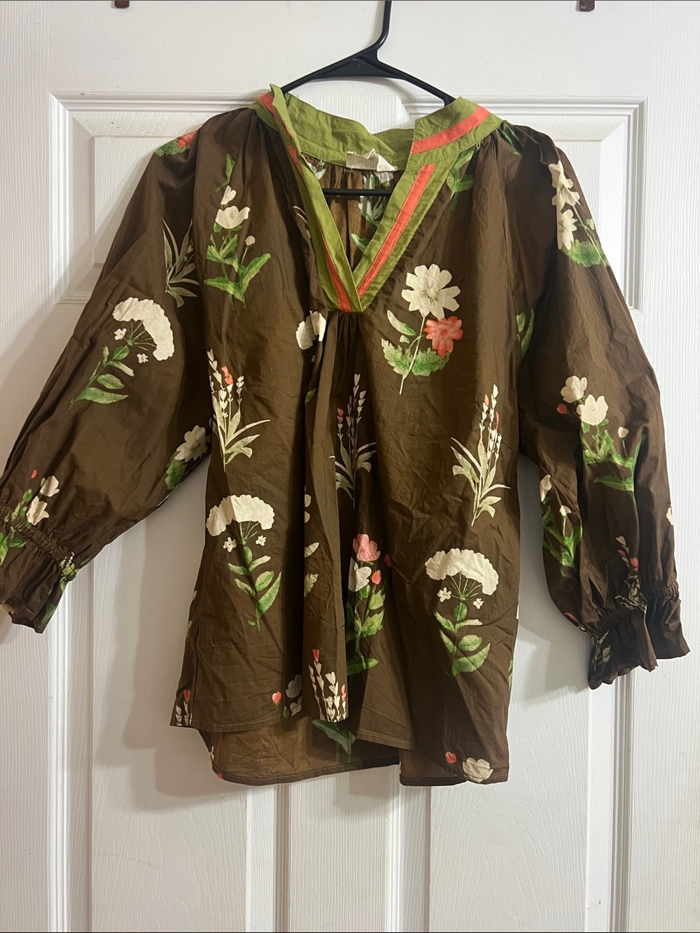 Umgee Brown Floral Peasant Blouse with Green and Pink Trim